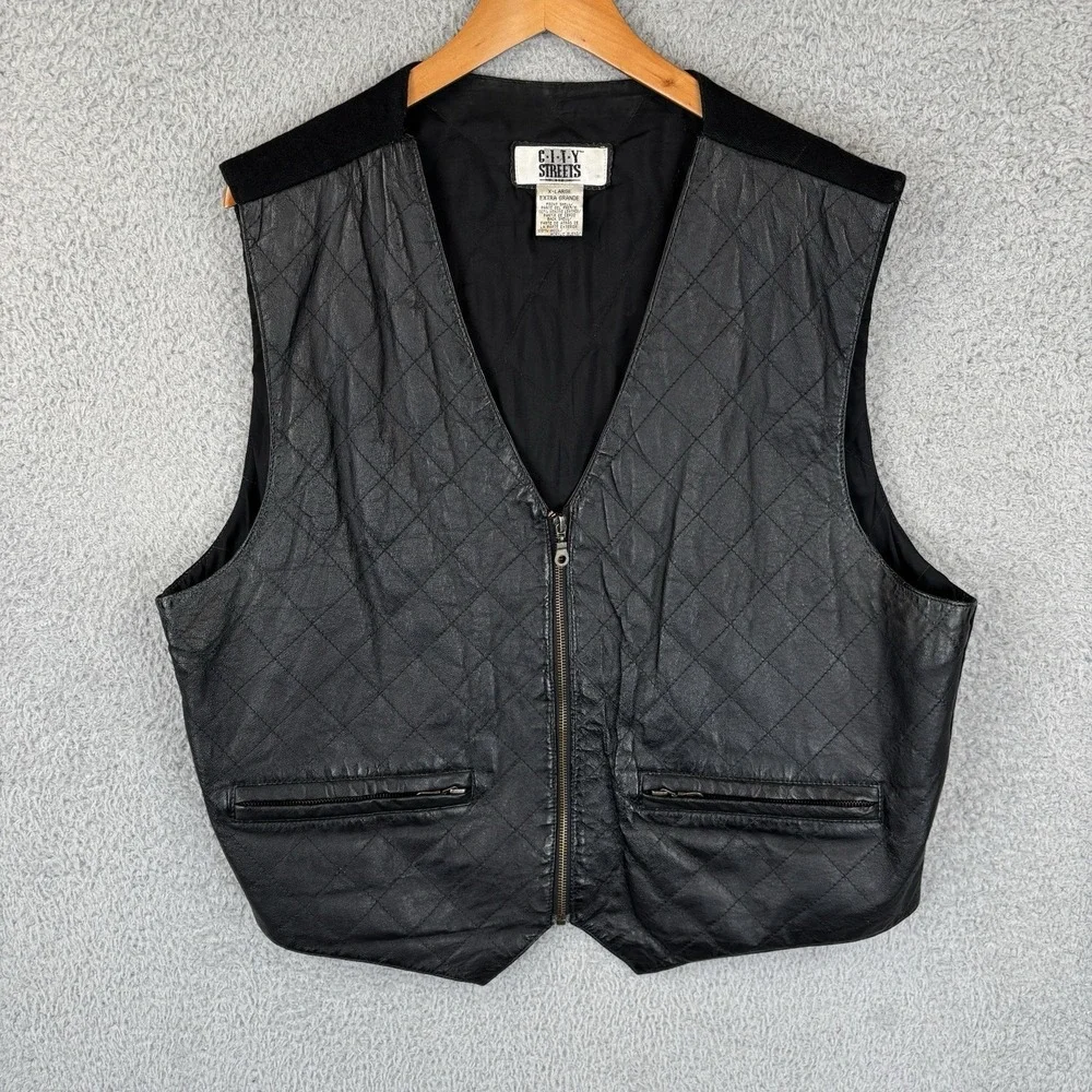 Vintage Leather Wool Vest Mens XL Black Full Zip Waistcoat Zip‎ Pockets 90s